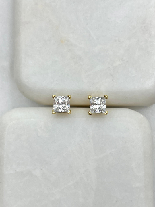 Özel Seri Kristal Taşlı Kare Küpe 0.6 mm Gold