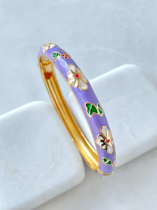 Altın Kaplama Mineli Çiçek Kelepçe Bileklik Mor