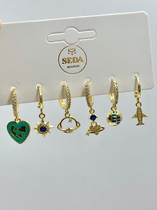 Gömme Taşlı Seyahat Altılı Set Küpe Gold