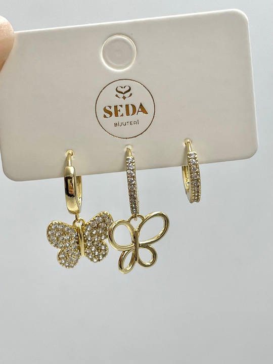 Özel Seri Kelebek Model Üçlü Set Küpe Gold