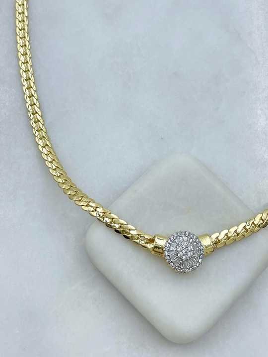 Altın Kaplama Kristal Taşlı Daire Model Zincir Kolye 50 cm Gold