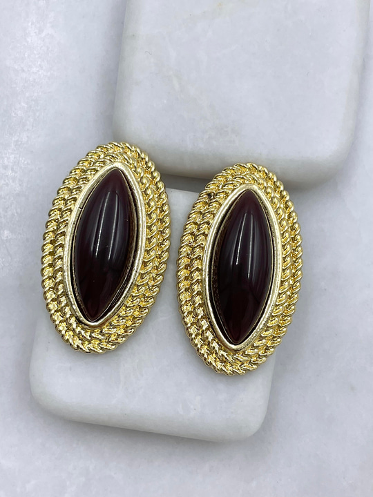 Altın Kaplama Çift Sıra Gold Burgu Detaylı Vintage Küpe Kahve