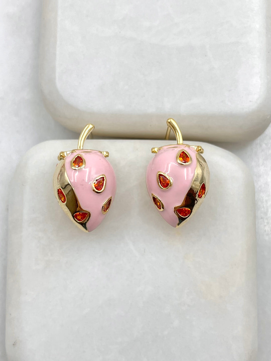 Pembe Mineli Çilek Küpe Gold