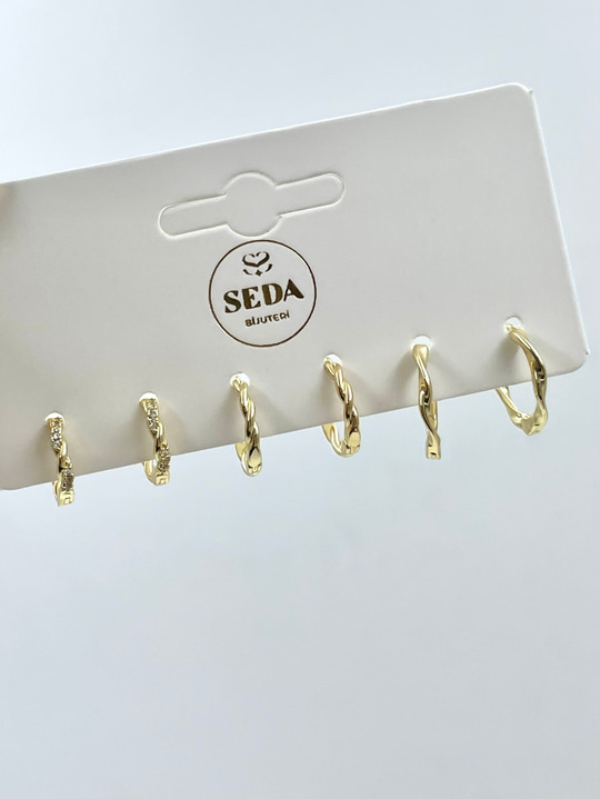 İnce Burgu Model Altılı Set Küpe Gold