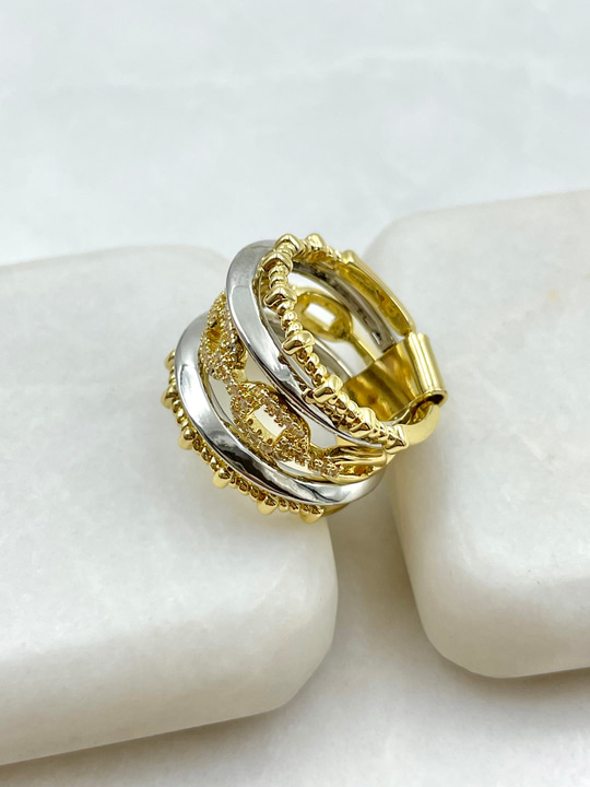 Beşli Gömme Taşlı Çift Renk Tasarım Yüzük Gold