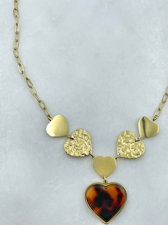 Çelik Leopar Kalp Sallantılı Kolye Gold