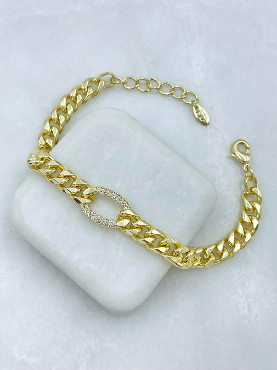 Altın Kaplama Gömme Taşlı İçi Boş Daire Zincir Bileklik Gold