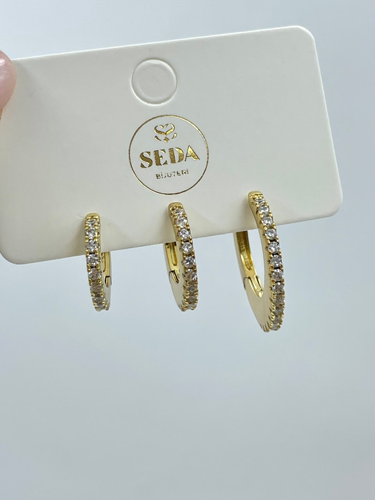 Özel Seri Üçlü Gömme Taşlı Oval Halka Set Küpe Gold
