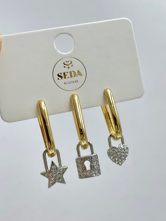 Altın Kaplama Kalp ve Kilit Sallantılı Dikdörtgen Model Üçlü Set Küpe Gold