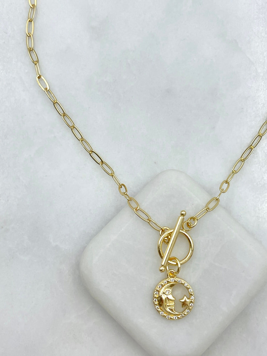 Altın Kaplama Ay Yıldız Sallantılı Önden Kilit Kolye Gold