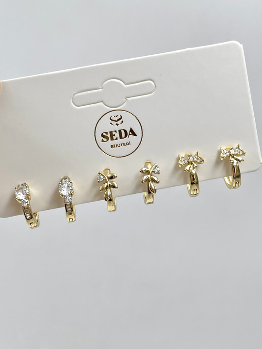 Özel Seri Kristal Taşlı Kurdele ve Yaprak Model Altılı Set Küpe Gold