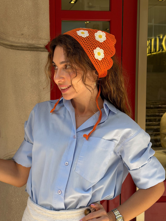 Papatya Desenli Daire Köşeli Bandana Turuncu