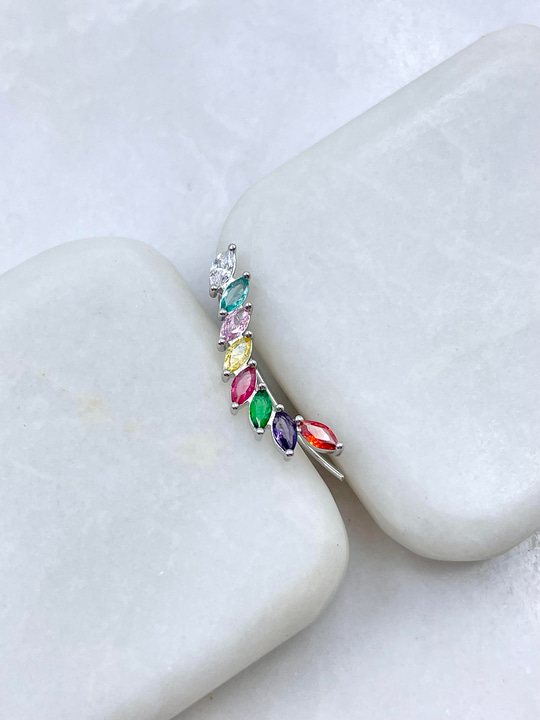 Altın Kaplama Renkli Kristal Taşlı Yaprak Model Kıkırdak Küpe Gümüş