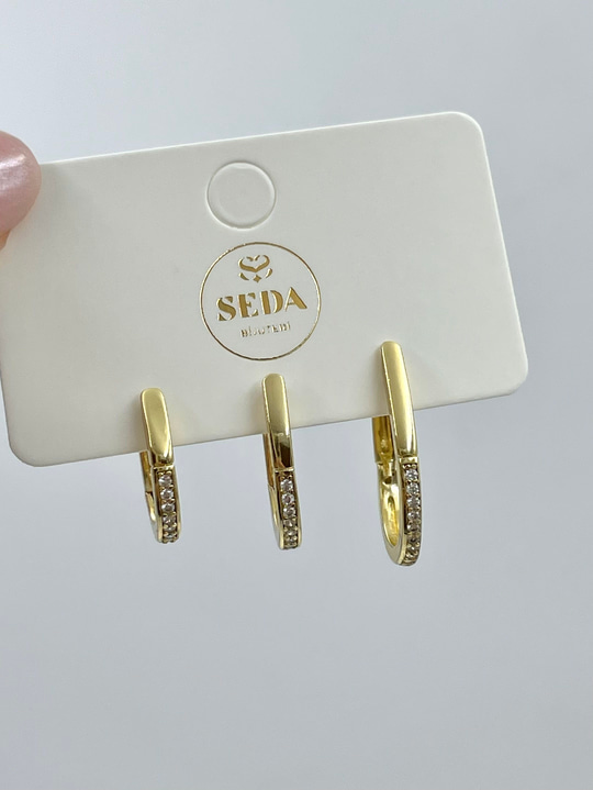 Özel Seri Üçlü Gömme Taşlı U Model Set Küpe Gold