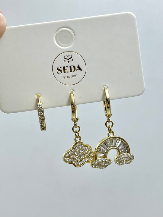 Özel Seri Gökyüzü Üçlü Set Küpe Gold