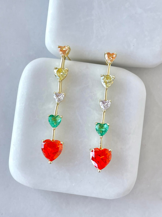 Altın Kaplama Renkli Kristal Kalp Sallantılı Küpe Gold