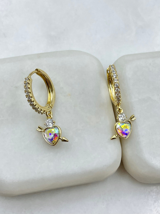 Özel Seri Swarovski Kalp Sallantılı Halka Küpe Gold