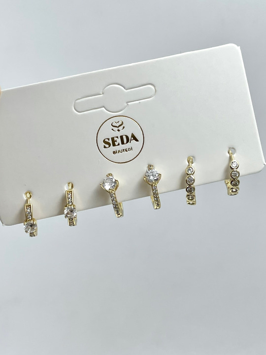 Özel Seri Kristal Taşlı Halka Model Altılı Set Küpe Gold