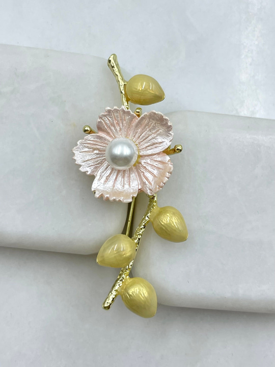 İncili Pembe Çiçek Broş Renkli