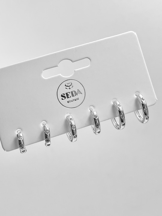 Kristal Taşlı Basic Halka Model Altılı Set Küpe Gümüş