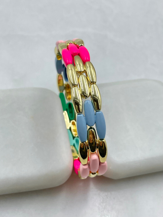Renkli Üç Sıra Oval Porselen Lastik Bileklik Renkli