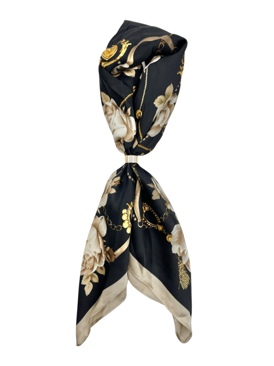 Gül Desenli Yüzüklü Fular Siyah Renkli
