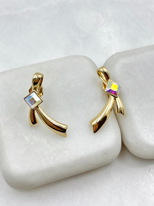 Özel Seri Swarovski Taşlı Kurdele Küpe Gold