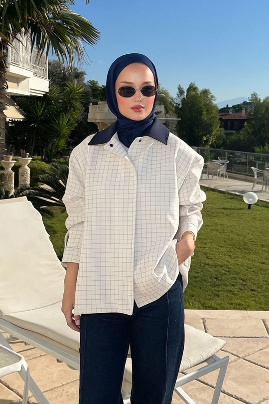 Kare Çizgili Çıtçıtlı Gömlek Yaka Ceket Lacivert