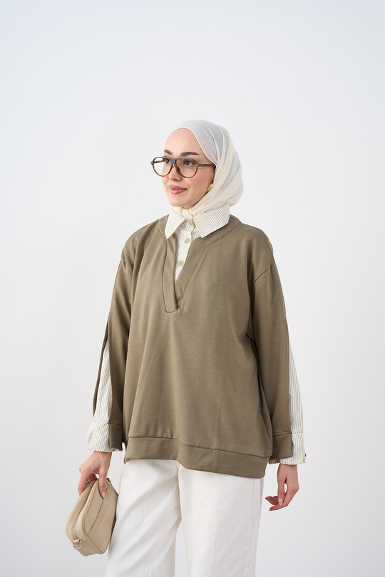 Gömlek Yaka Çizgi Detay Sweatshirt Yeşil