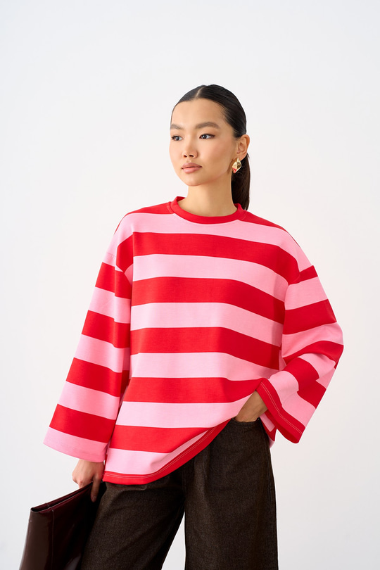 Bisiklet Yaka Çizgili Sweatshirt Pembe