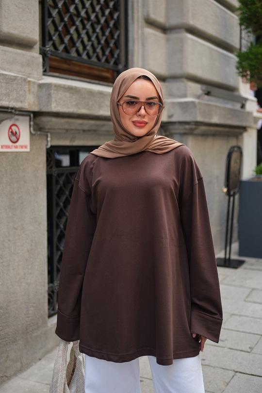 Dikiş Detaylı Basıc Sweat Acı Kahve