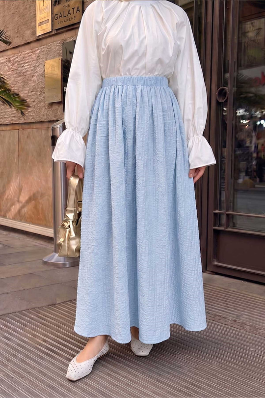 İçi Astarlı Beli Lastikli Kendinden Desen Gofre Etek Açık Mavi