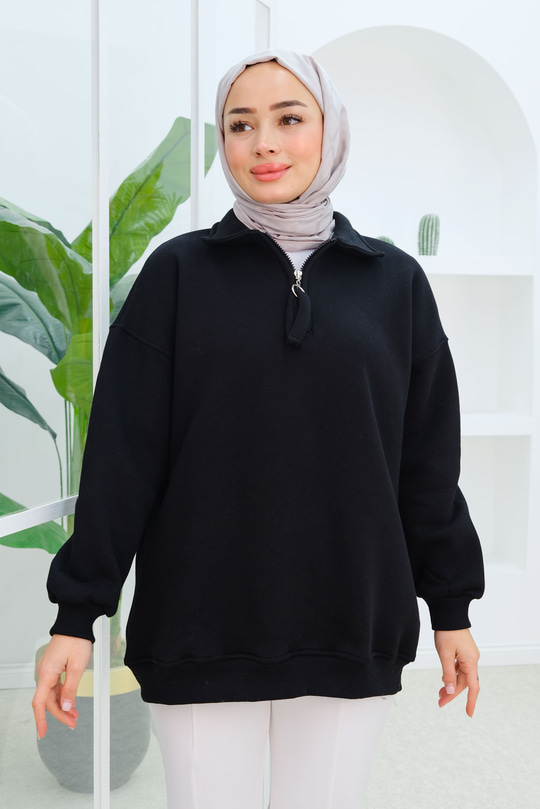 Yarım Fermuar Detay Sweatshirt Siyah