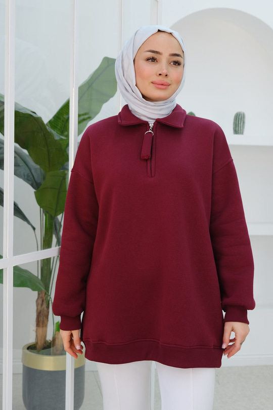 Yarım Fermuar Detay Sweatshirt Bordo