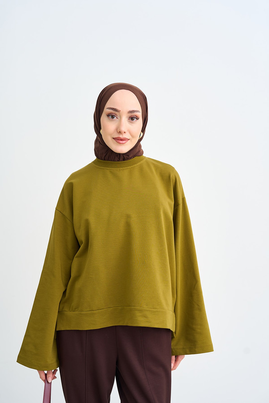 Bisiklet Yaka Sweatshirt Yağ Yeşil
