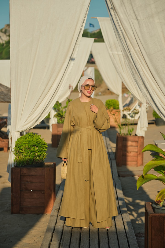Üç Parça Detay Bel Bağlamalı Keten Kimono Takım Yağ Yeşil