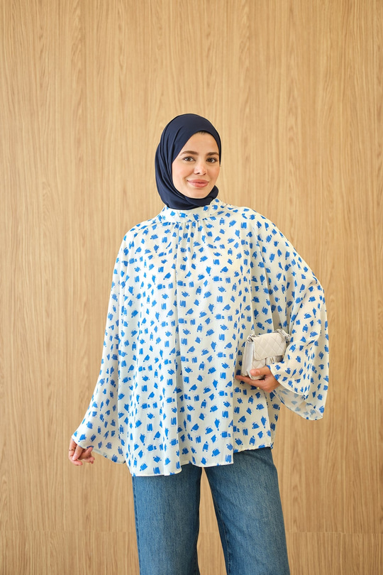 Çift Renk Desenli Bluz Mavi