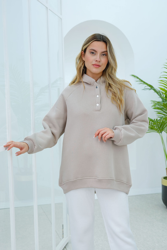 Çıt Çıt Detay Kapüşonlu Sweatshirt Krem