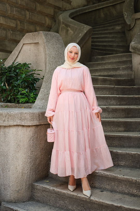 Bilekleri Lastikli Tül Kumaş Takım Pembe