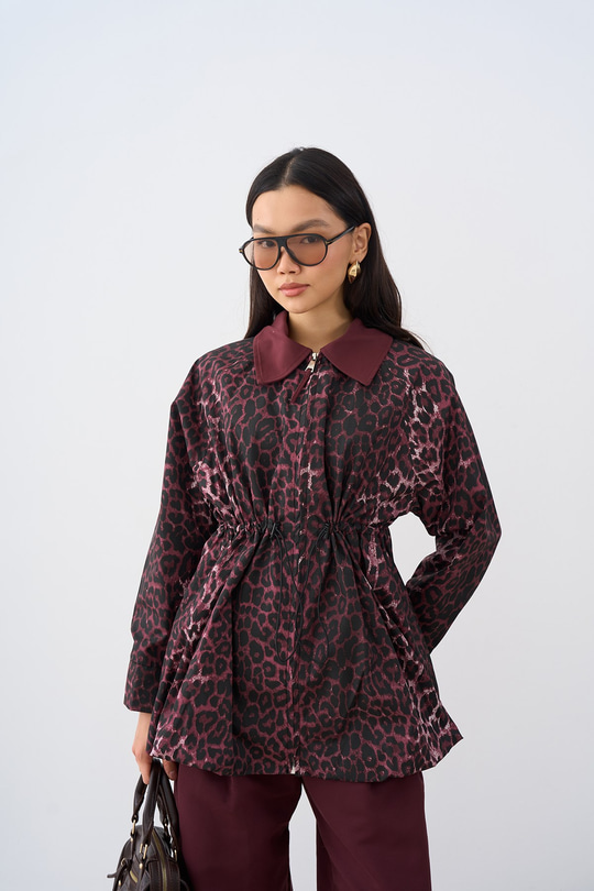 Leopar Desenli Fermualı Trenç Bordo