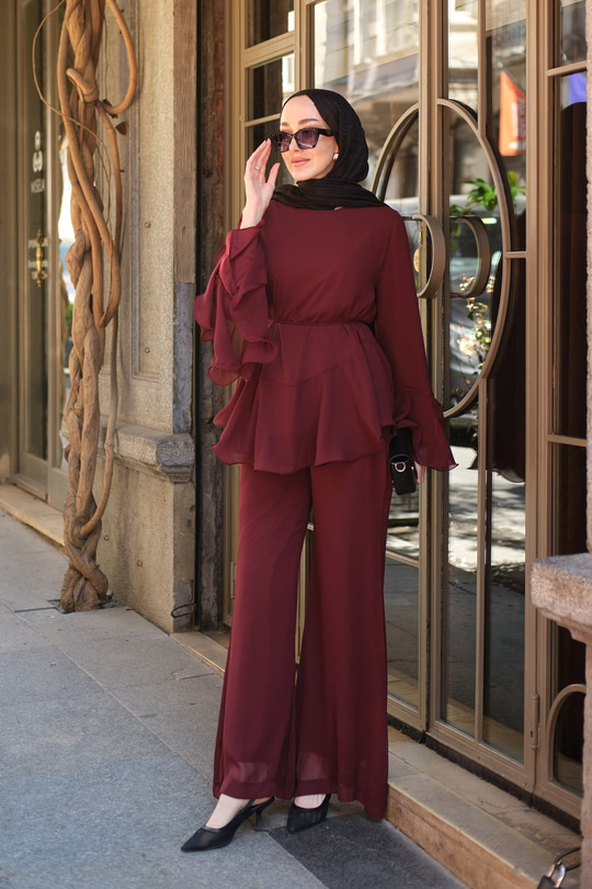 Beli Büzgülü Pantolonlu Şifon Takım Bordo
