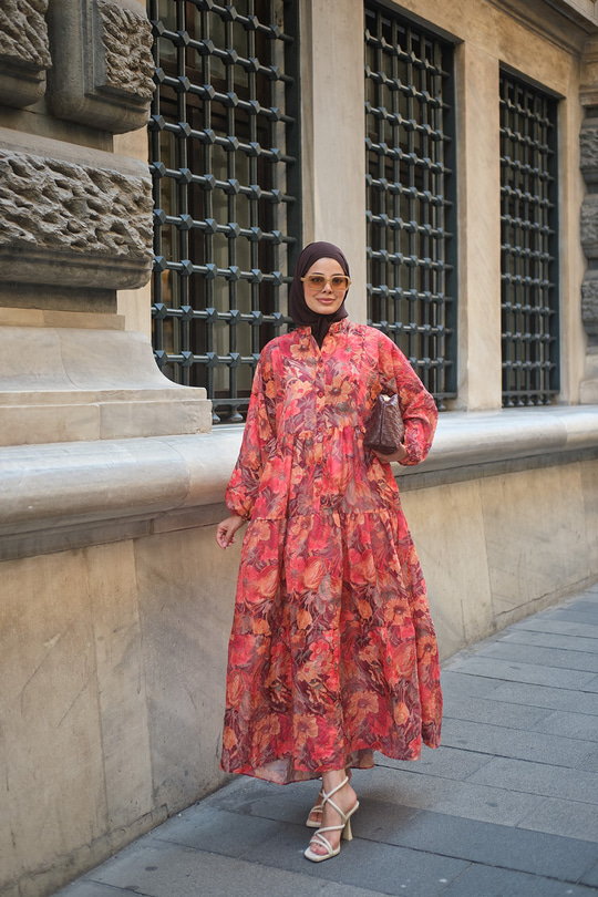 Sulu Boya Çiçek Desenli Elbise Turuncu