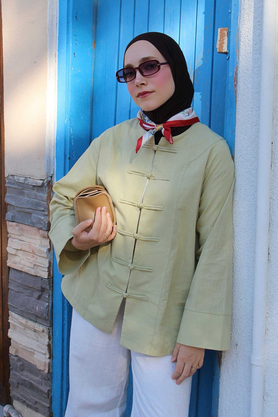 Çin Düğme Dikiş Detay Tunik Su Yeşil