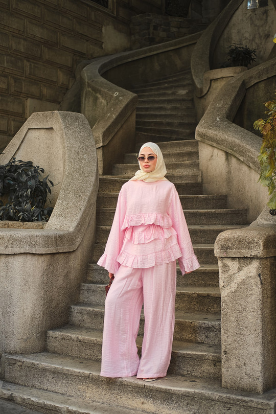 Fırfır Detay Kat Kat Bürümcük İkili Takım Pembe