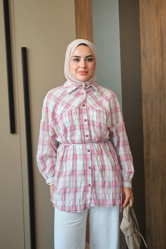 Ekose Desen Bel Bağlamalı Gömlek Pembe