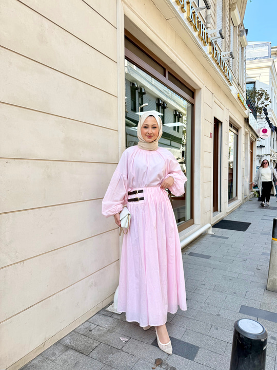 Balon Kol Bel Bağlamalı Etekli Takım Pembe