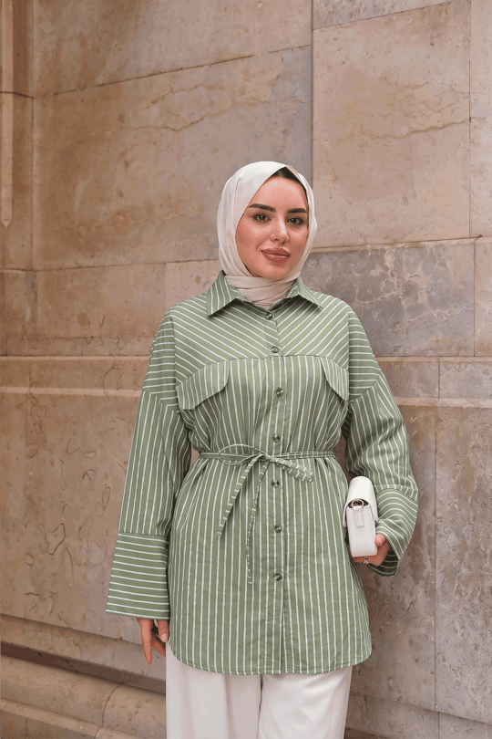 Çizgili Bel Bağlamalı Gömlek Yeşil