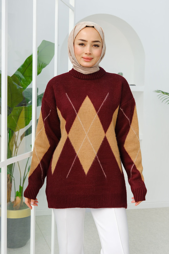 Baklava Desen Triko Kazak Bordo