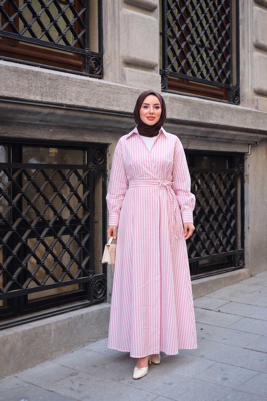 Kalın Çizgi Detay Elbise Pembe