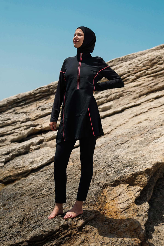 3'lü Biye Detaylı Tam Kapalı Tesettür Mayo Siyah